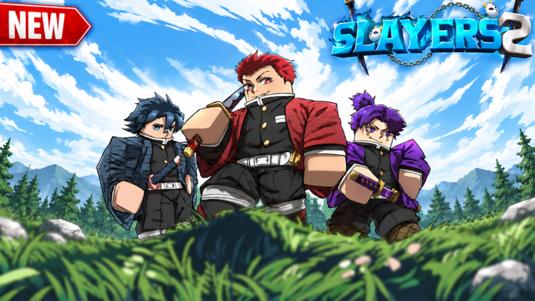 Three Slayers 2 characters standing in a grassy field with the game logo